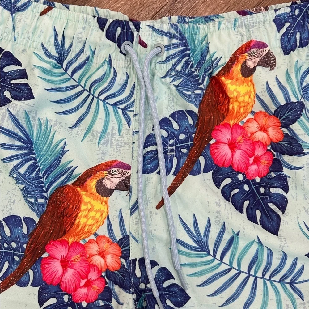 Ring of Fire Mens Shorts Swim Trunks Size L Blue Tropical Parrot Print Novelty